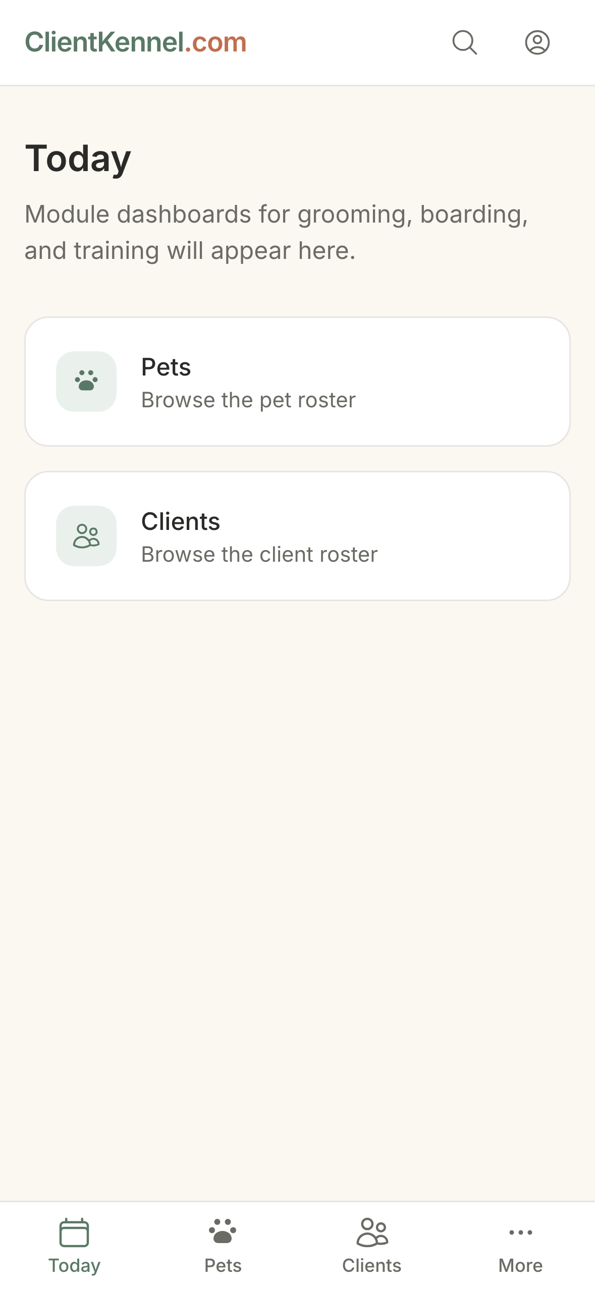 ClientKennel Today screen on a phone
